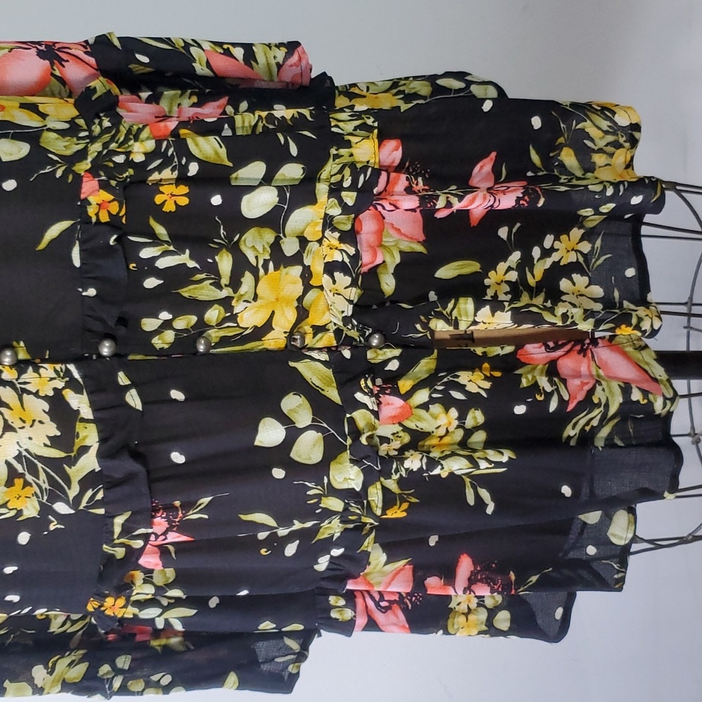 Rachel Zoe Size L Tunic Black Chiffon Floral Swing Cover-up Long Sleeve Spring - Picture 9 of 16